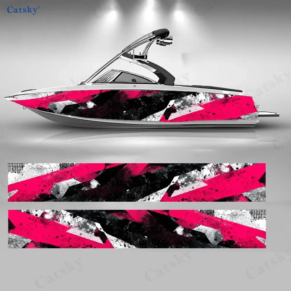 2Pcs Red & Black Splash Ink Geometry Boat Sticker, PVC Waterproof Vinyl Wrap Decals for Fishing Boat, Durable and Stylish Design
