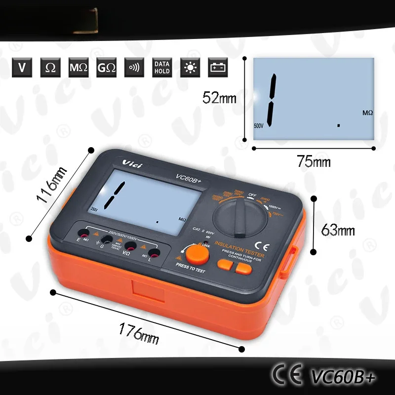 60B+ Digital Insulation Resistance Tester 1000V  Test DC AC 2000m Ohm High Voltage Short Circuit Input Alarm VC60B