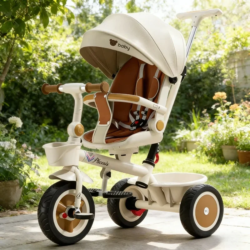 

Детский складной трехколесный велосипед-коляска с реверсивным сиденьем, функцией лежания и большой ручкой-толкателем, для повседневного использования на улице