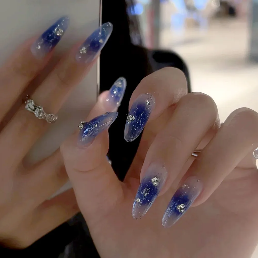 

24Pcs Mid-length Almond False Nails Press on Blue Smudge Full Cover Nails Tips Art Rhinestone Oval Wearable Artificial Fake Nail