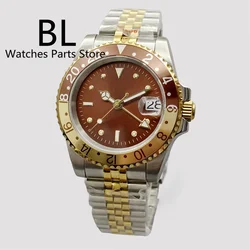 BLIGER 40mm Rootbeer GMT Men Watch NH34 Automatic Movement Luxury Two Tone Gold Case Bracelet Brown Dial Luminous Sapphire Glass