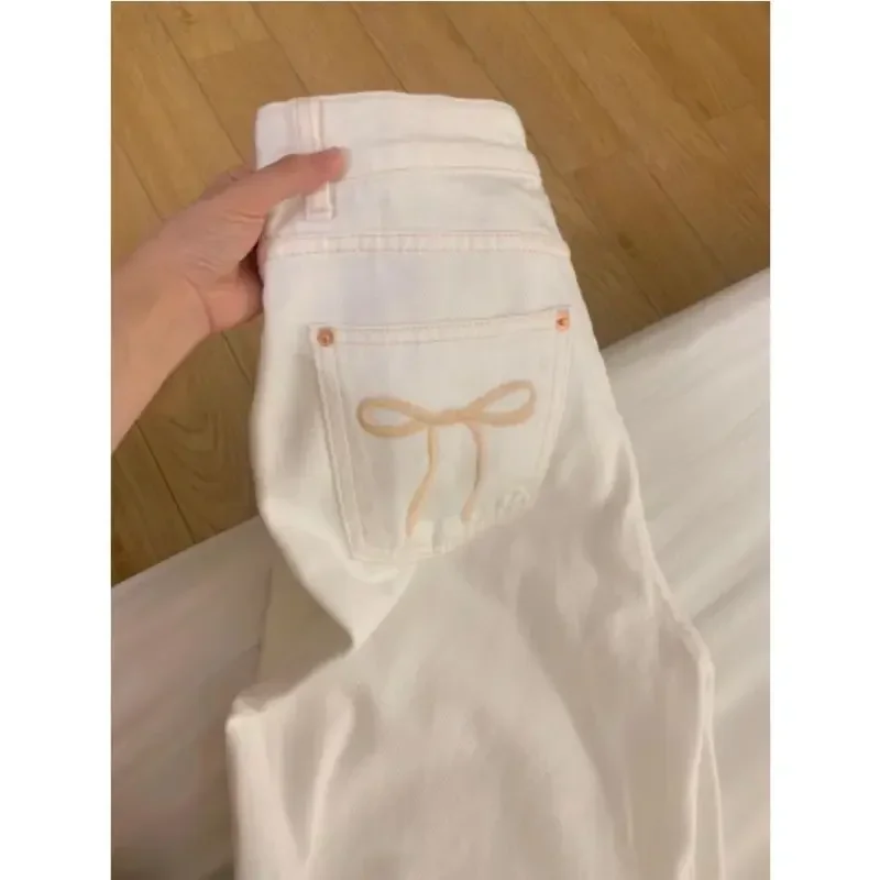 Bow Embroidery High Waist Jeans White Wide Leg Denim Women Summer Casual Y2k Pants Straight Ankle-Length Trousers