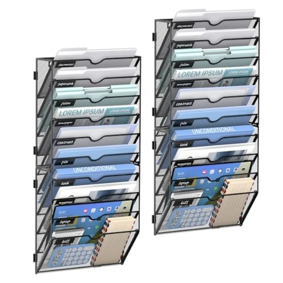 

Настенный органайзер для файлов на 10 ярусов, держатель для папок, металлический сортировщик для бумаг, для офиса, дома, школы, черный, 2 шт.