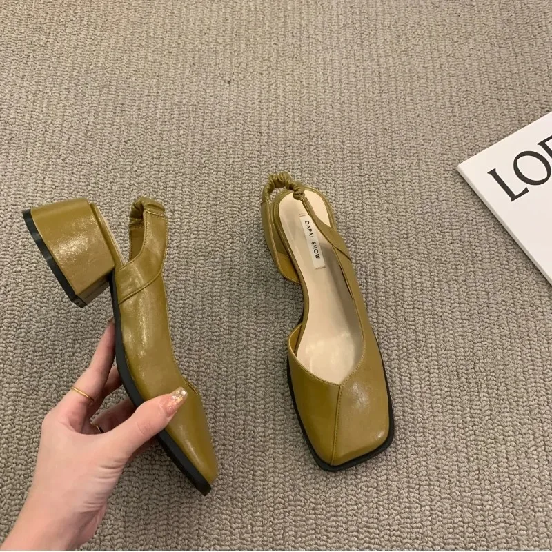 2024 Summer Elegant Ladies Sandals Fashion Ladies Elastic Band Flat Heel Women Shallow Party Shoes Square Heel 35-40 Square Toe