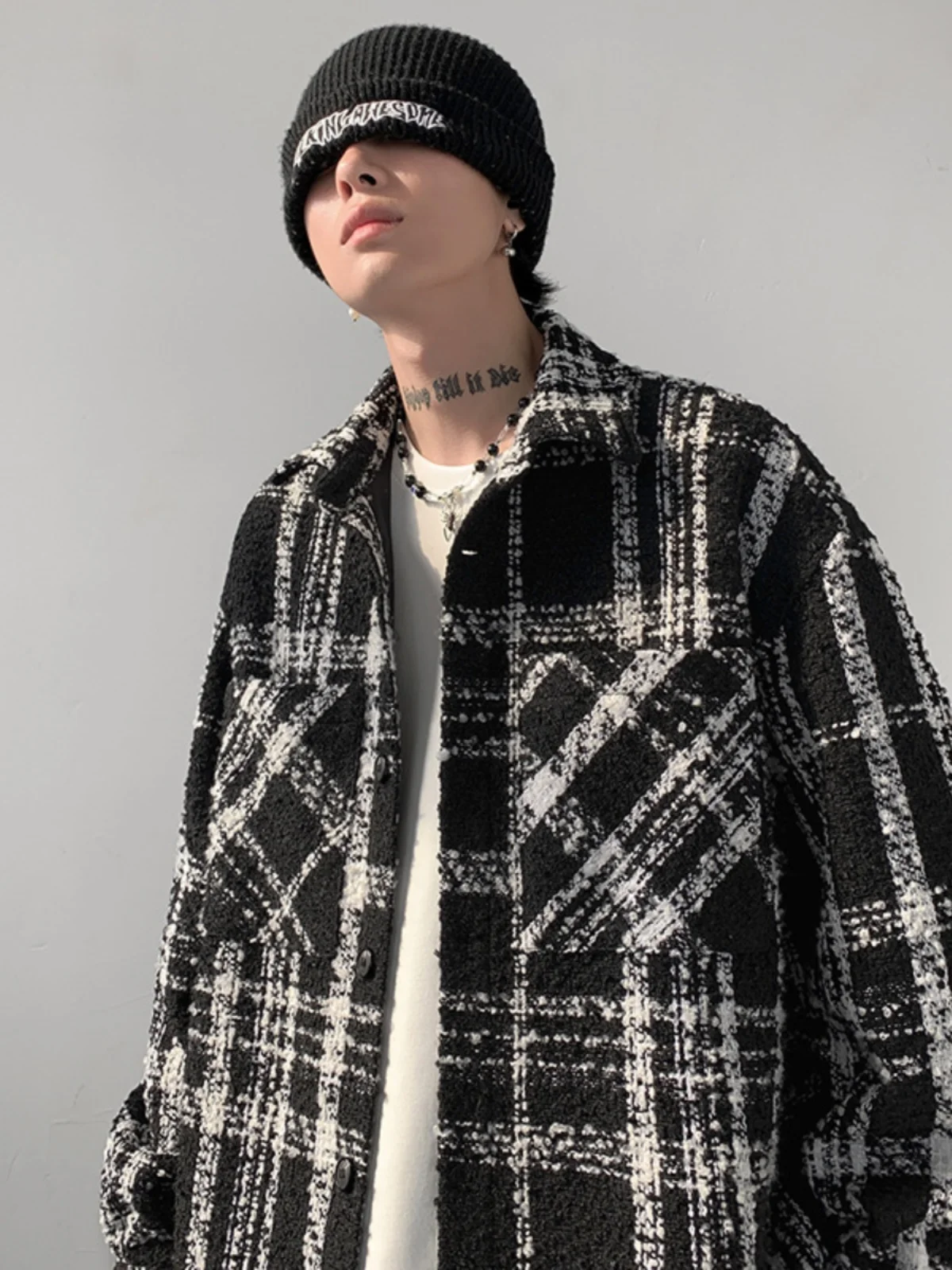 Black White Plaid Men's Quilted Jacket Spring Season Youth Fashion Woolen Coat Couple's Outerwear Stand Collar Long Sleeve
