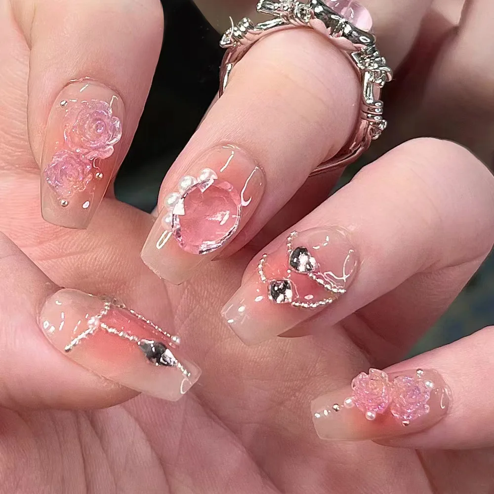 24 pezzi rosa camelia 3D nail art falso copertura completa sognante occhio di gatto finito adesivi per unghie moda indossabile medio dolce manicure