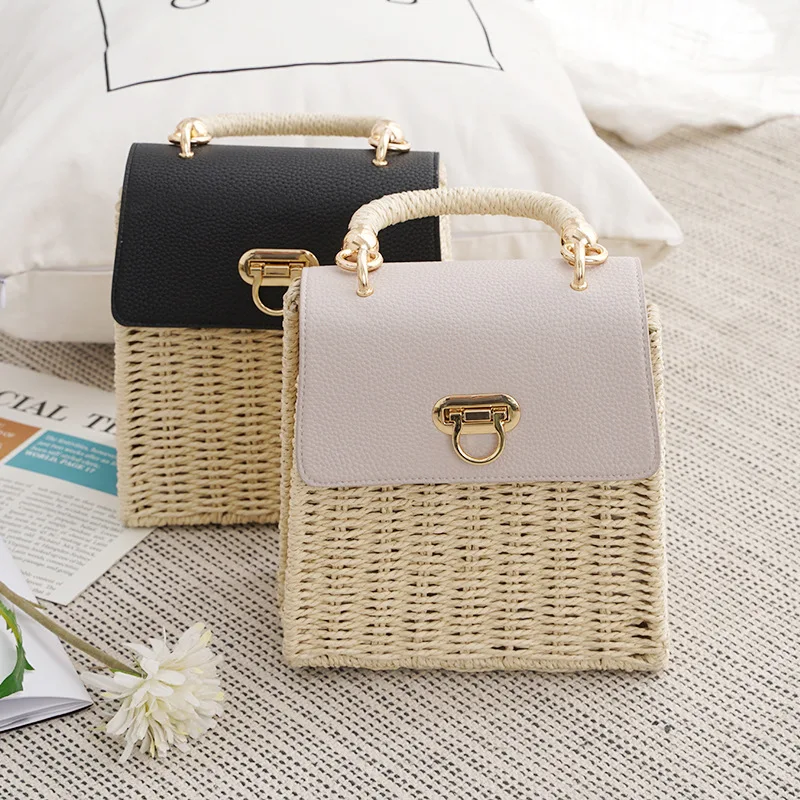 Fashion Straw Box Women Handbags Casual Handmade Weave Summer Beach Bag Chic Lock Small Phone Purses 2024