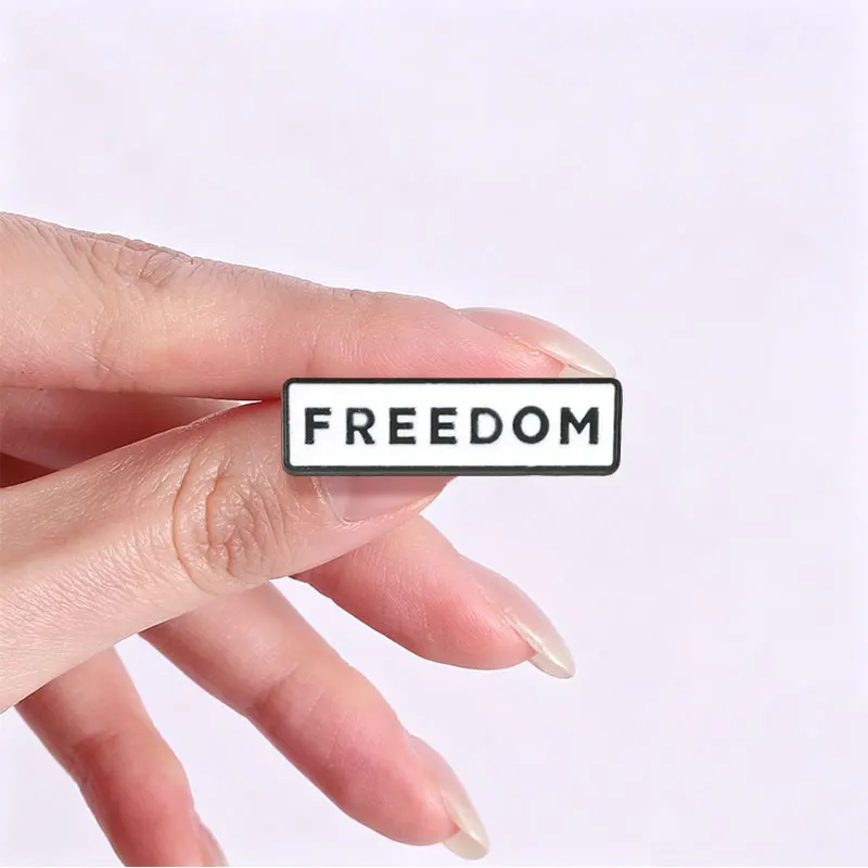 Freedom Slogan Cartoon Enamel Pins Minimalist Black White Text Metal Brooch Bag Lapel Badge Daily Wear Jewelry Gift for Friends