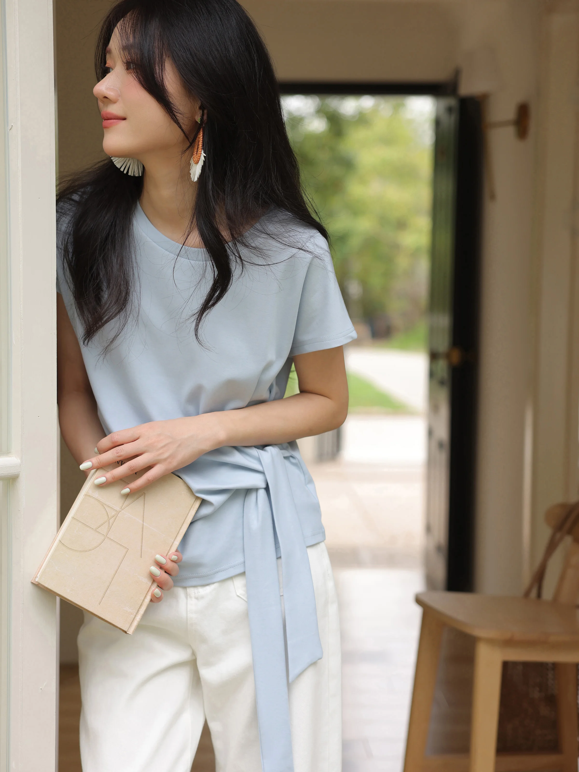Blue Asymmetrical Tie Waist T-Shirt Women Summer Short Sleeve Slim Fit Casual Top Sweet Design Elegant Fashion Streetwear Tee
