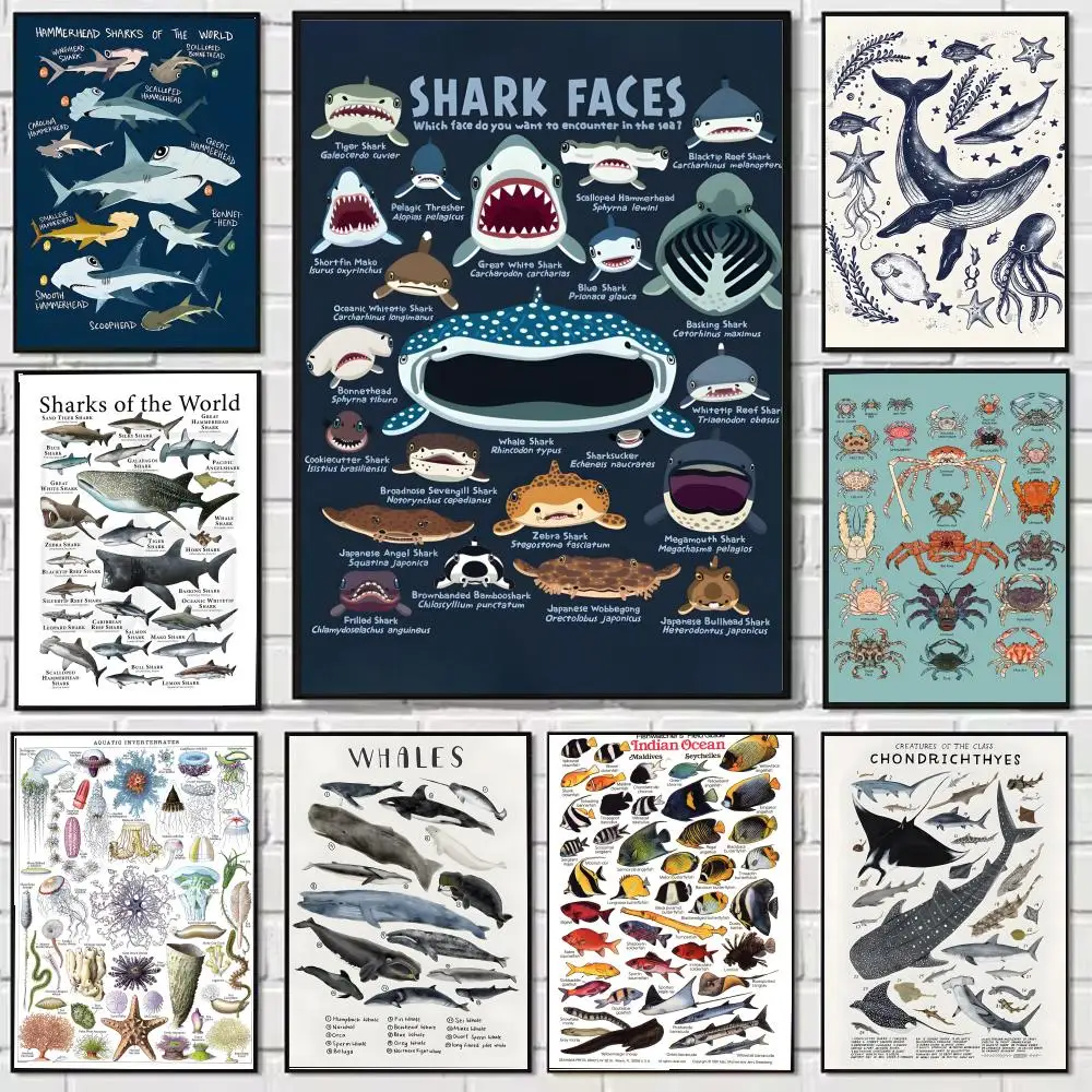 الحوت والقرش المحيط الحيوانات المشارك HD الكرتون جدار الفن الذاتي عصا للإزالة ملصق لغرفة المعيشة المنزلية
