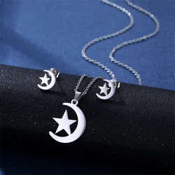 316L Stainless Steel Crescent Moon Star Necklace Men Women Earrings set Pendant Turkish Religious Jewelry