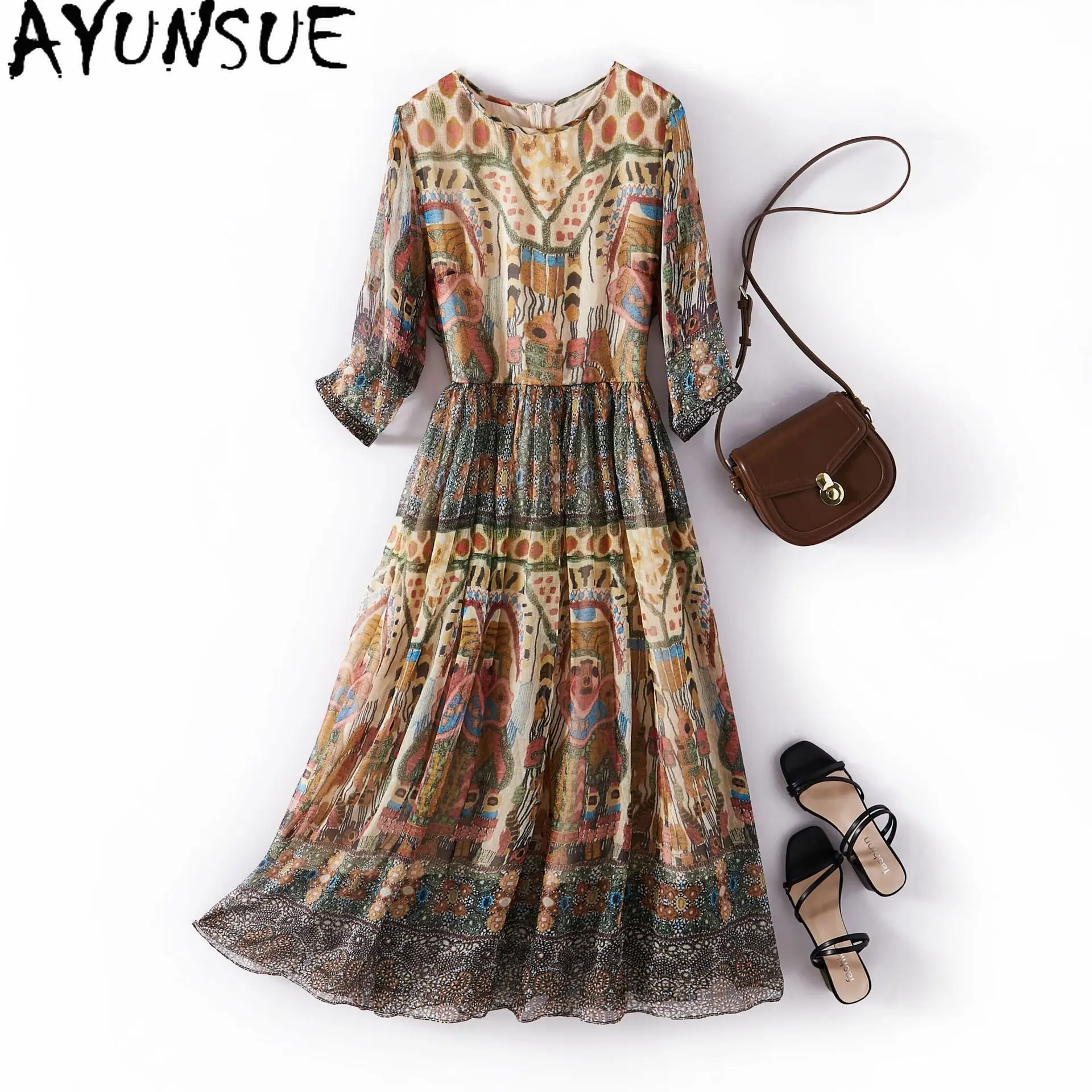 

AYUNSUE Natural Mulberry Silk Dresses Woman Print Fashion Dresses for Woman Clothing Summer New in Dresses 2025 Jupe Femmes
