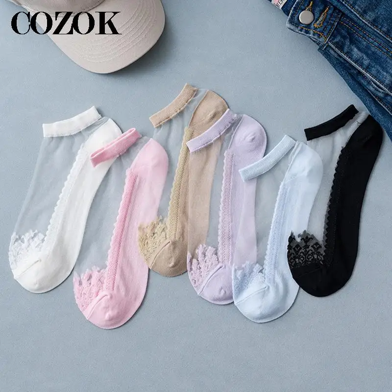 5 par skarpetek damskich Letnie kwiatowe koronkowe skarpetki do kostki Miękkie jedwabne cienkie przezroczyste wiosenne solidne Kawaii Śliczne oddychające skarpetki kapcie — zdjęcie 3