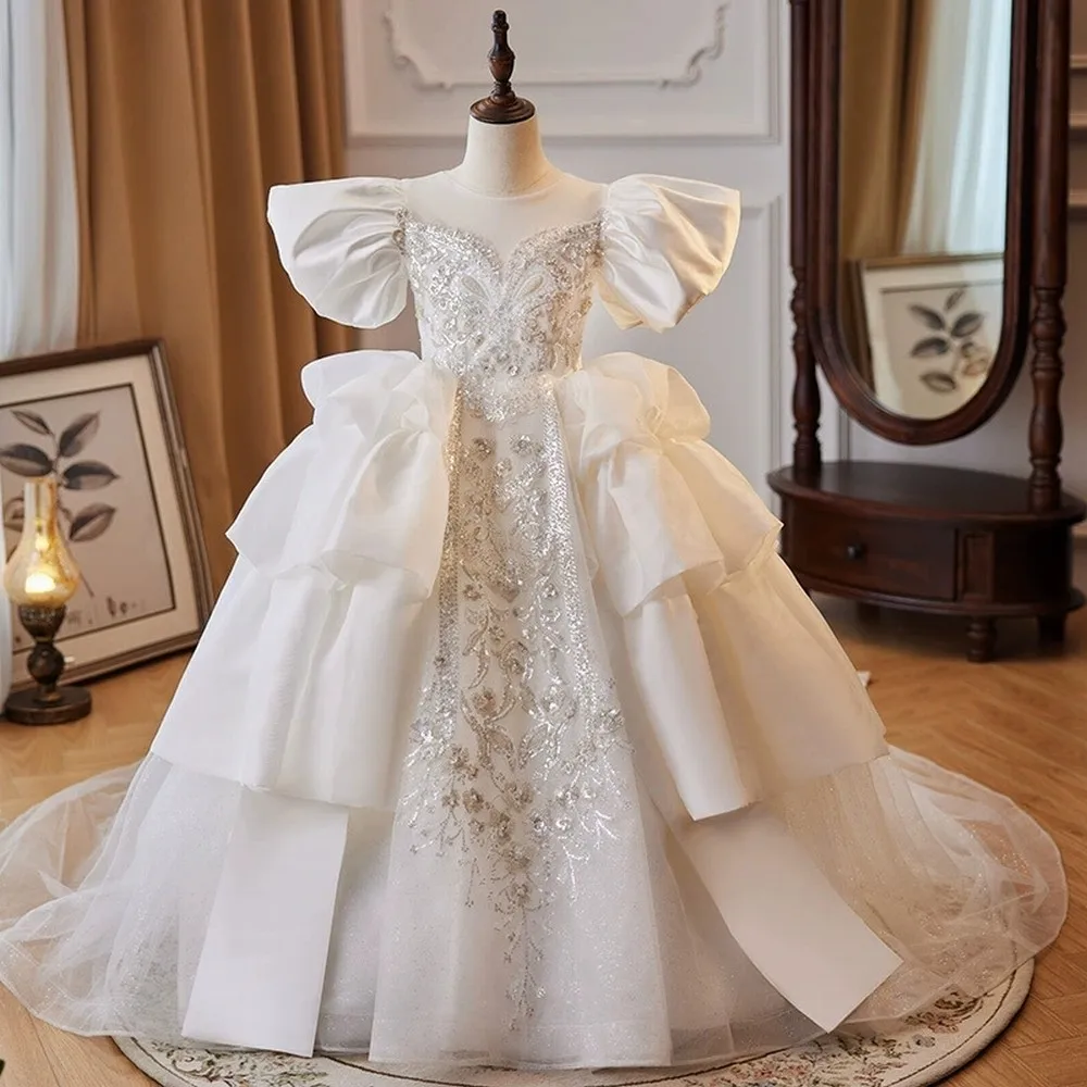 New White Princess Special Occasion Flower Girl Dress Wedding Pary Prom Perform Birthday Baby Child Kid Pageant Gown