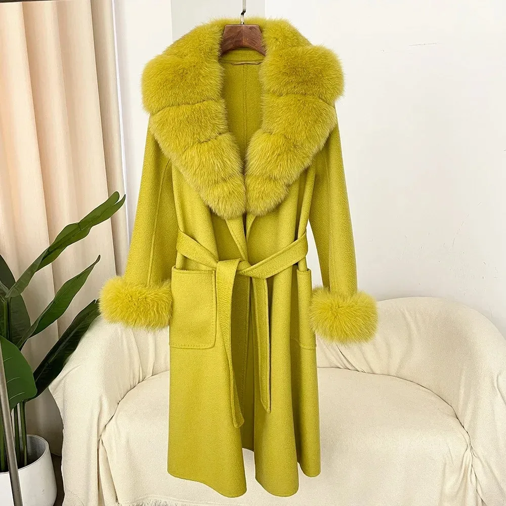 2024 New Wool Coat Wool Ladies Natural Fox Fur Collar Real Fur Coat Winter Jacket Ladies Belt Warm Coat Street Wear