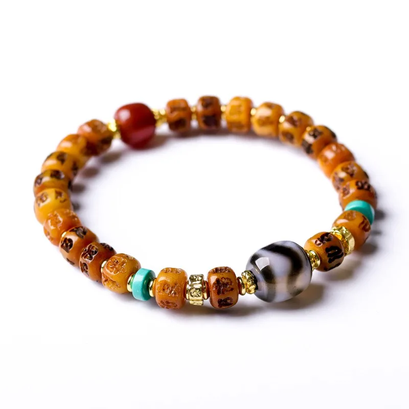 

Tibetan Style Bone Carved Six Syllable Mantrel Barrel Bead Bracelet Tiger Tooth Dzi Bead Prayer Bracelet Gifts