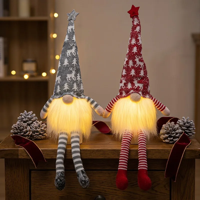 Christmas Ornaments Light Up Knitted Long Leg Christmas Gnome  Faceless Table Figurine Holiday Home Scene Decoration