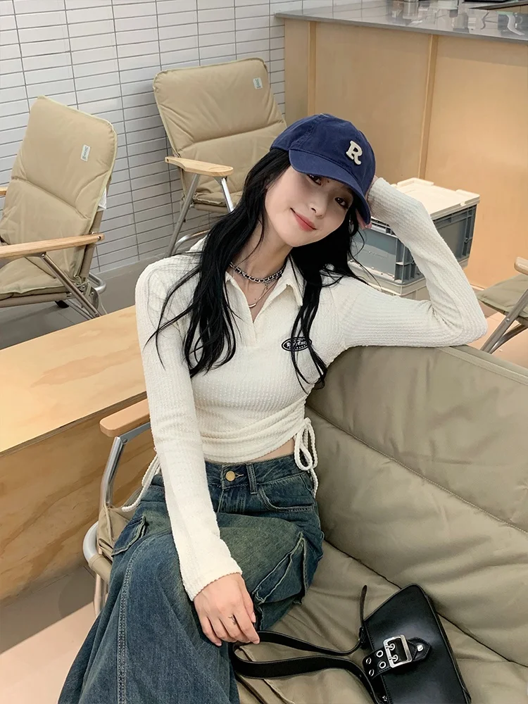 

White Knitted ort Ne Slim Fit Women's T-irt Yang Puff Bubble Korean Sle Commute Faion Pure Color Long Sve