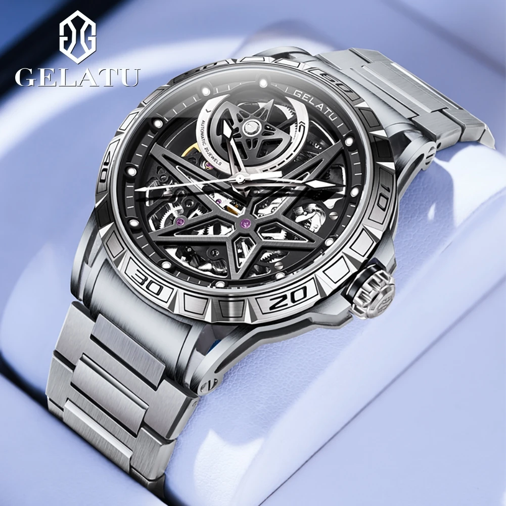 

GELATU 6009 Fully Hollow out Men Watch Self-winding Sapphire Mirror Stainless steel Automatic Mechanical Watch