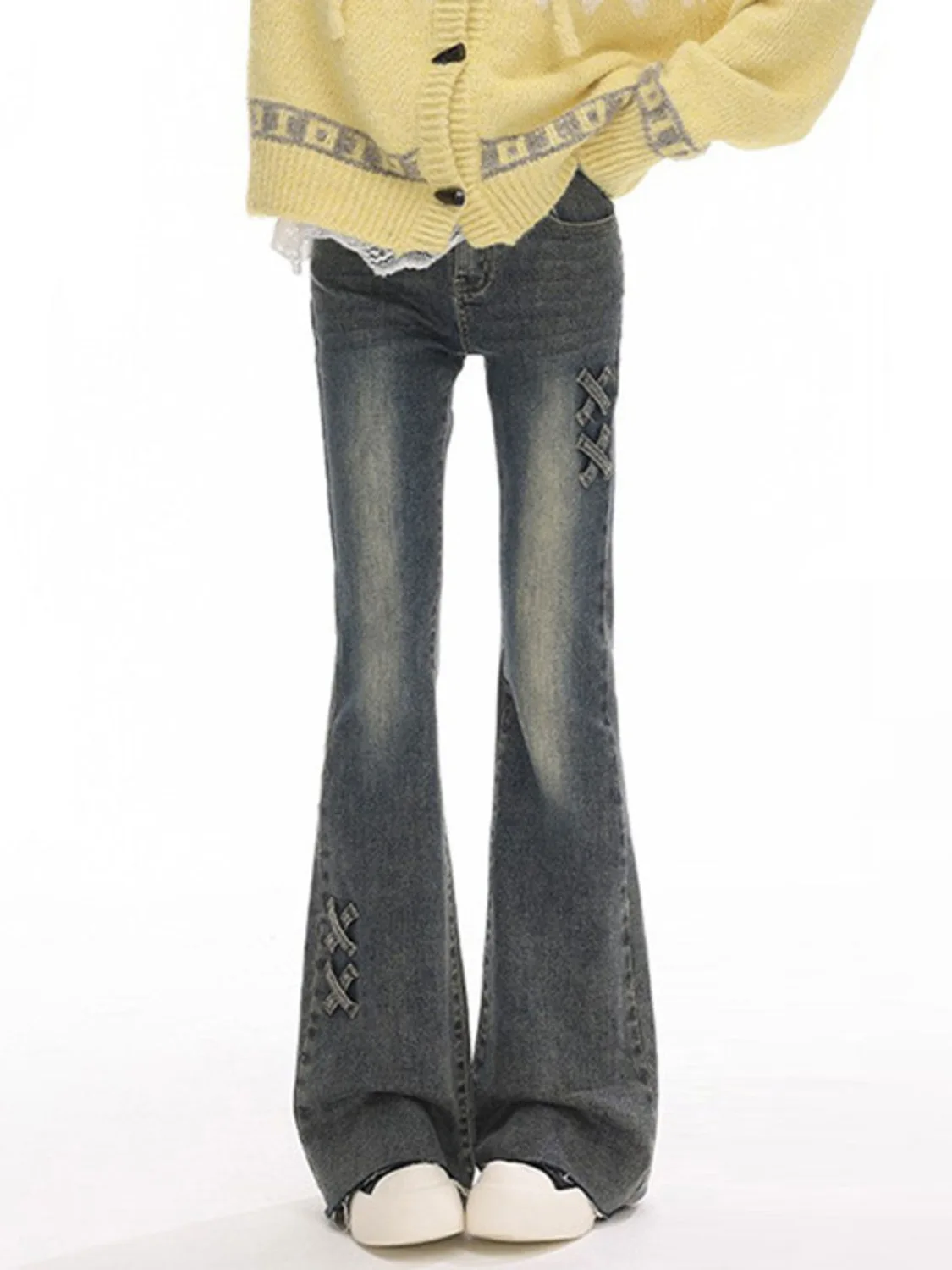 Women Vintage Washed Flare Jeans Lace-Up Detail Wide Leg Denim Pants Y2K Streetwear