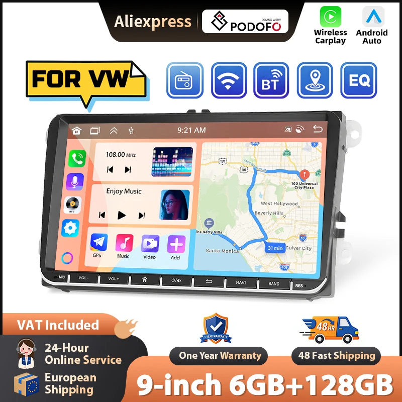 Podofo 6+128G Kabelloses Carplay Android Auto Radio für VW Passat Golf Intelligente Fahrzeugsysteme GPS-Navigation BT FM/RDS Autoradio