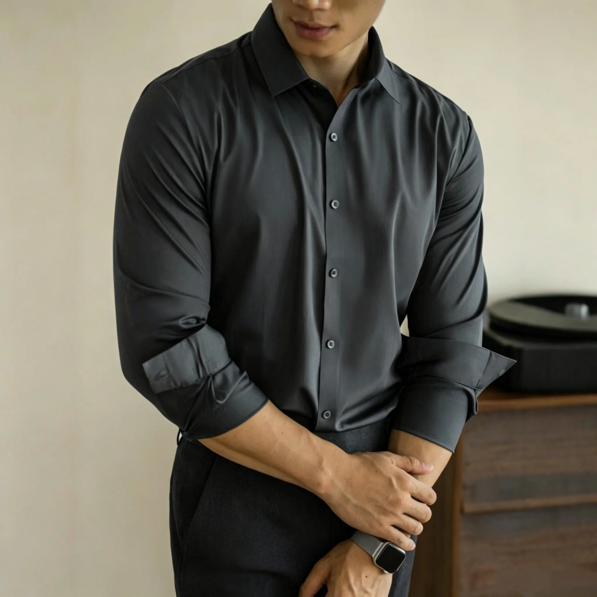 

Anti-Wrinkle Long Sleeve Shirt Men's Casual Business Commute Polyester Fashion Urban Style Spring 2026 Polyester Fiber