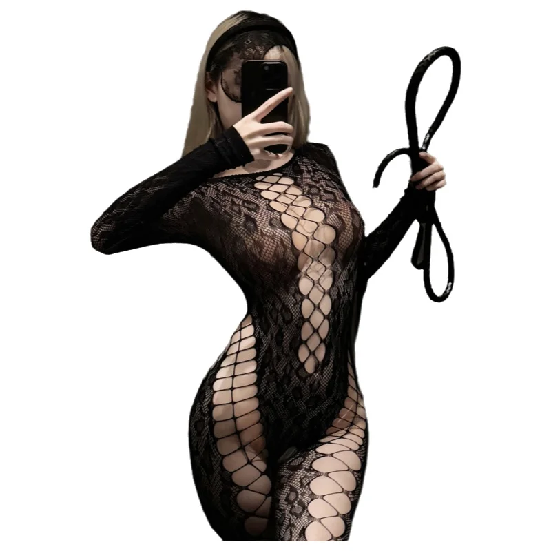 Sheer Sexy Fishnet Bodysuits With Crossed Fishnet Long Sleeved Bodysuits Solid Color Hollow Out Nightclub Wear For Woman 9Y00