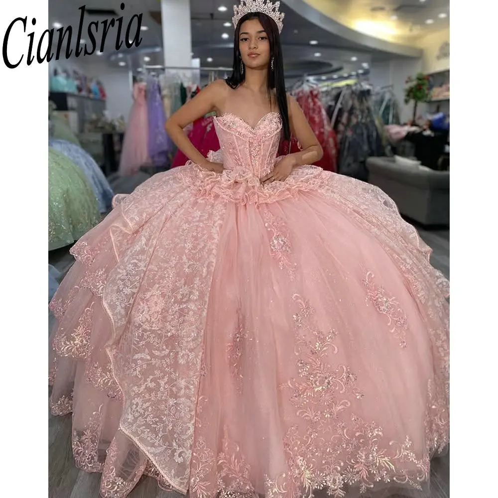 

Pink Sweetheart Sleeveless Quinceanera Dresses Ball Gown Appliques Lace Ruffles Sweet 15 Años Mexican Customized