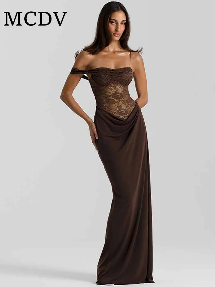 

MCDV Лоскутное кружевное сексуальное платье макси с открытыми плечами, женское платье, элегантное прозрачное вечернее платье с рюшами и разрезом на спине, новинка 2025 года