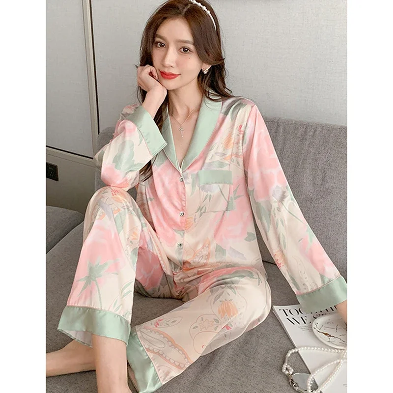 Spring Summer Faux Silk Pajamas for Women Lapel Cardigan Lounge Sets Womens 2 Piece Sweet Floral Home Wear Soft Sleepwear Pjs