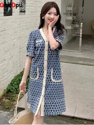 Summer Thin V-neck Long Dress Women Loose Knitted Short Sleeve Vestidos Korean Casual Knitwears Single Breasted Party Dresses