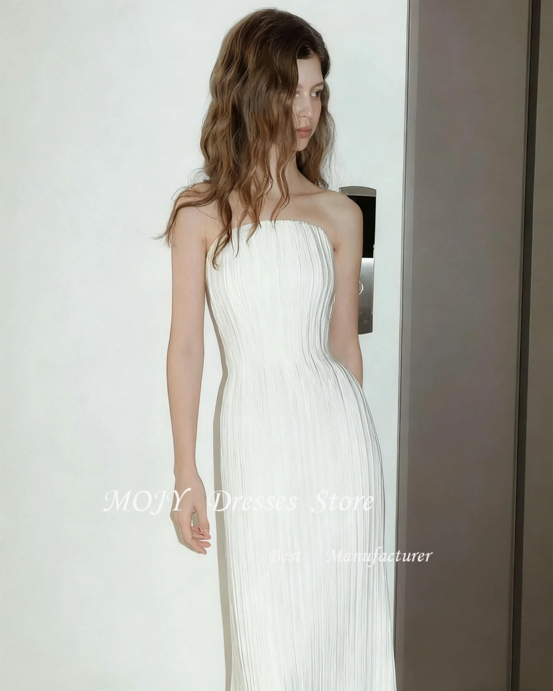 فساتين سهرة أنيقة بحورية البحر من التفتا الأبيض من Mojy مخصصة بدون حمالات فساتين حفلات زفاف كورية لالتقاط الصور