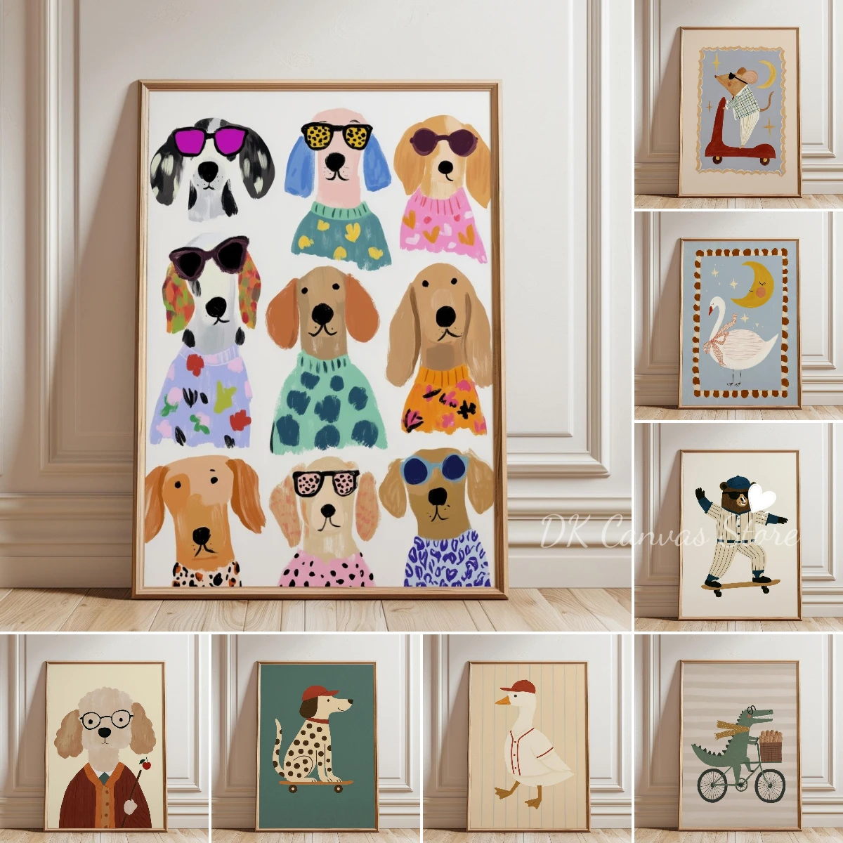 Whimsical Cartoon Animal Canvas Print Poster Funny Cute Skateboard Dog Art Prints Living Room Nursery Wall Art Home Decor Poster