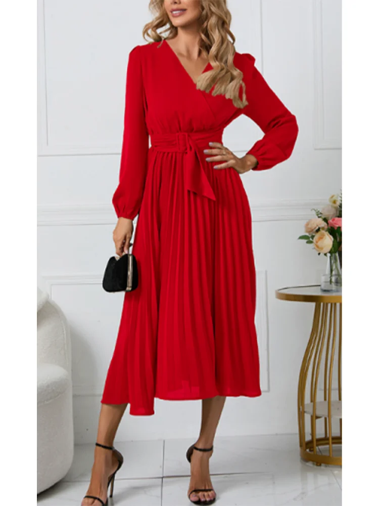 European and American Plus Size Sexy V-Neck Pleated Party Dress Women Elegant with Belt Long Sleeve Robe Femme Red Maxi Vestido