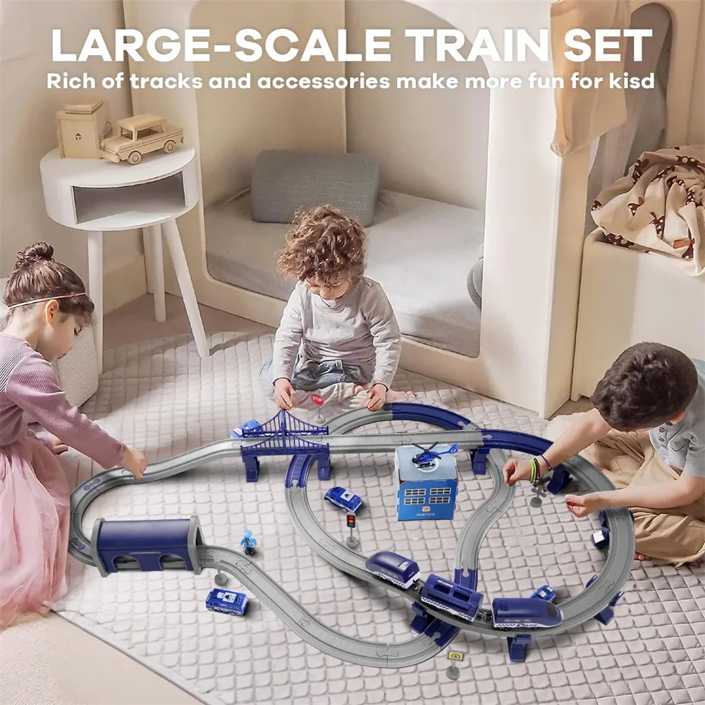 Conjunto de trem de brinquedos para crianças, conjunto de pista de corrida HDJ 92PCS para meninos, presente de aniversário de trem de Natal, brinquedo de polícia com carros, helicóptero (azul)