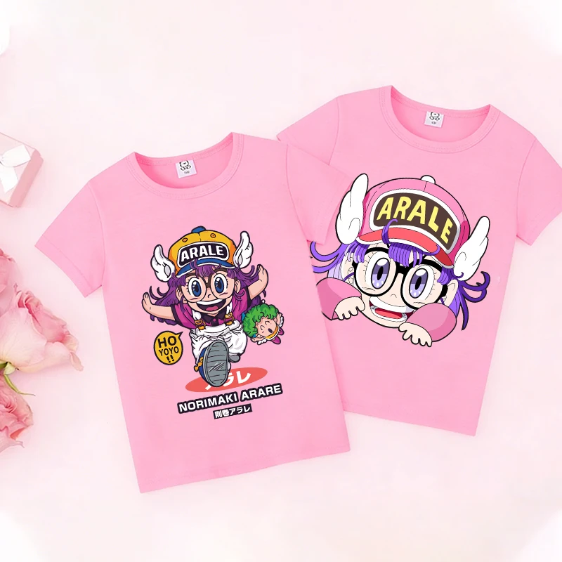 

Slump Arale Pink T-shirt Cute Girl Anime Game Cartoon Cotton Kids Toddler Tees Streetwear Casual Short Sleeve Child Clothes Tops