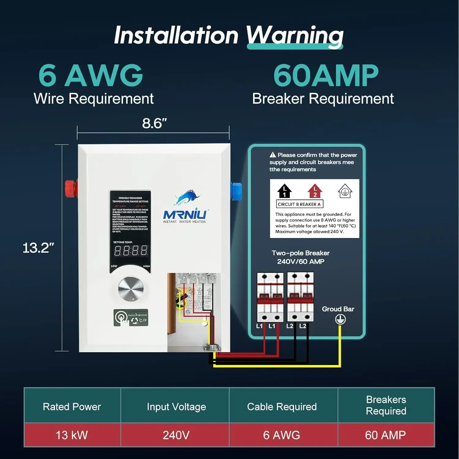 13kW Electric Tankless Water Heater, 240V On-Demand Instant Hot Water, Compact Wall-Mounted Heater for Shower, Bathroom & Sink