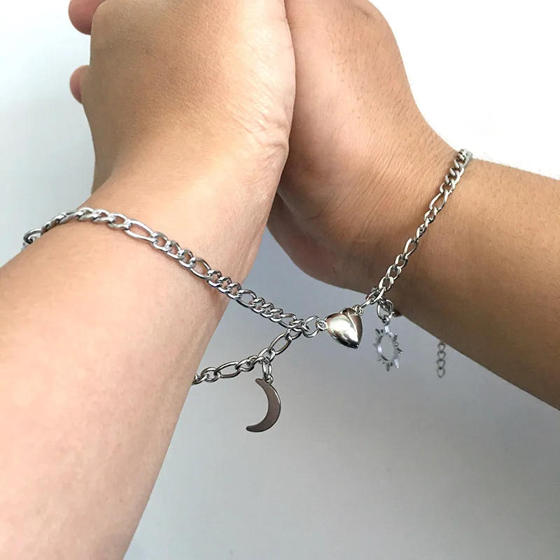 Kpop Sun and Moon Couple Bracelets for Women Men Magnetic Heart NK Chains with Pendant Paired Schmuck Valentine's Day Gift