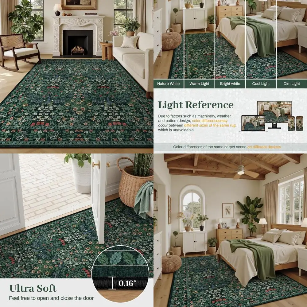 

Vintage Floral 8x10 Area Rug - Washable Low Pile, Non-Slip, Stain Resistant, Boho Style for Living Room, Bedroom, Dining Room, O
