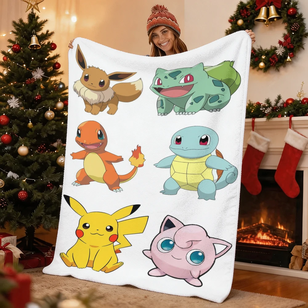 Pokemon Pikachu Eevee Charmander Squirtle Bulbasaur Jigglypuff Flannel Throw Blanket Soft Warm Cartoon Blanket for Sofa Bed Home