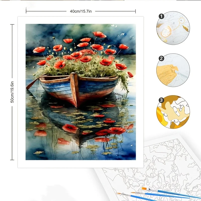 1 Set Digital Painting Kit, Professional Art Use 'Red Poppies Reflection in Water' Canvas, Express Your Individuality with Color