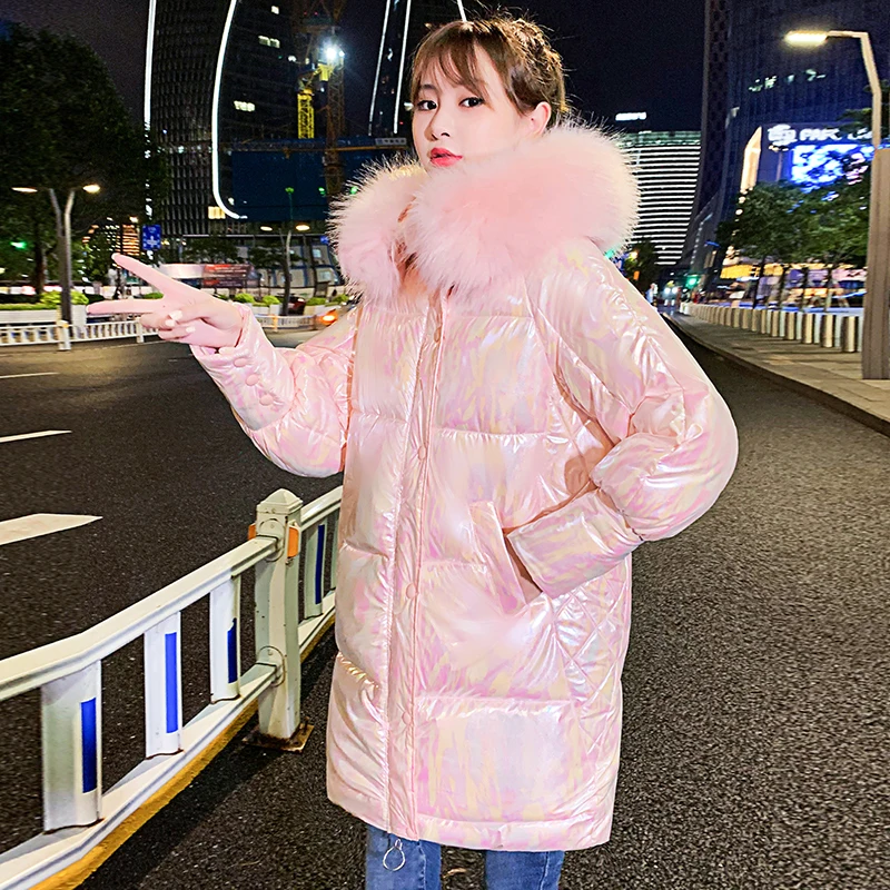 Winter Warm Glossy Hooded Parka Jacket Korean Pink ParcaCasual Faux Rabbit Fur Collar Thick Snow Wear