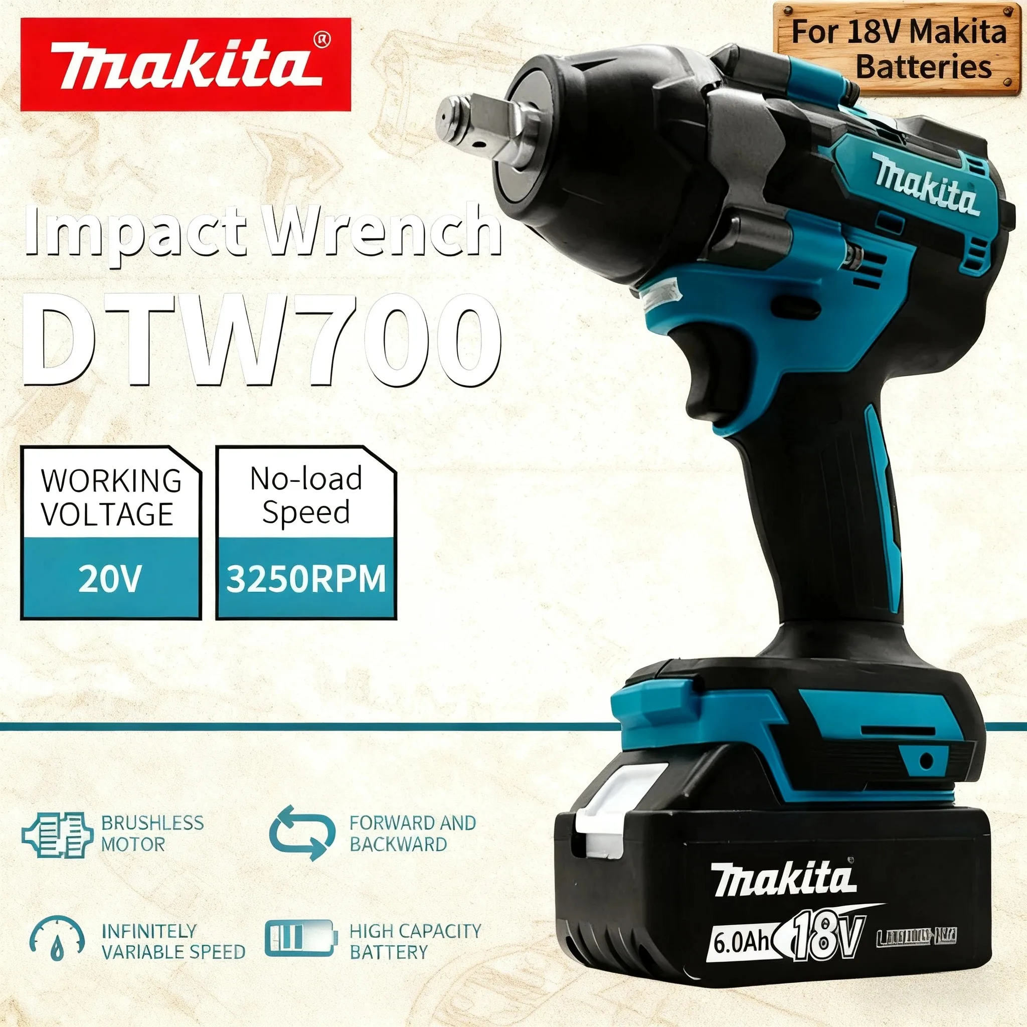 

Makita DTW700 1000N.M Бесщеточный ударный гайковерт Отвертка Электрический ключ Аккумуляторный большой крутящий момент Электроинструменты для ремонта автомобилей