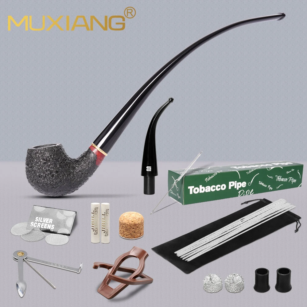 MUXIANG briar pipe set: a briar pipe bowl + two replaceable long and short pipe tips + a cleaning gift box set, 9mm pipe channel