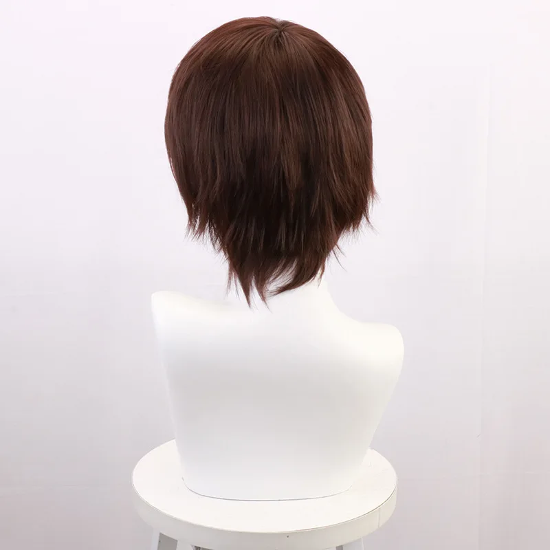 Peluca de cosplay de anime marrón oscuro de Osamu de Dazai para perros Bungo Stray, hecha de seda de alta temperatura, patrón de rosa