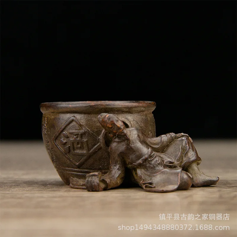 Antique Brass Li Bai Drinking Wine Cup Copper Jar Office Shop Living Room Desktop Decoration Ornament Display