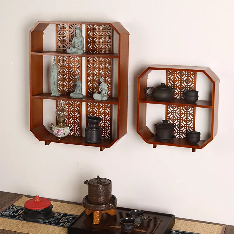 Solid wood new Chinese Bogu frame Duobao grid shelf tea room wall-mounted teapot tea leaves wall tea set display stand