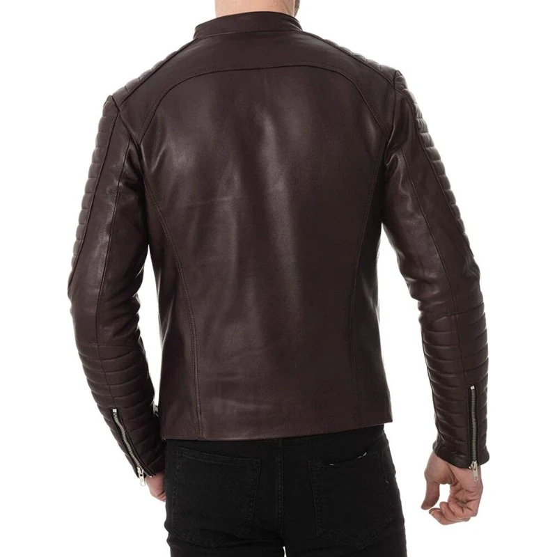 Men's 100% Authentic Lambskin Dark Brown Quilted Snap Collar Leather Jacket Soft