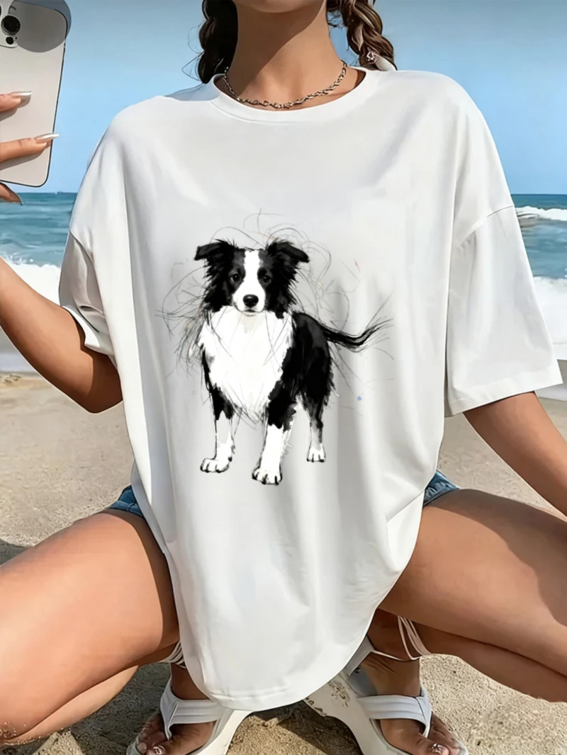 

Женская свободная хлопковая футболка для пар с принтом бордюрной овчарки, подходит для любителей домашних животных, весной и летом
