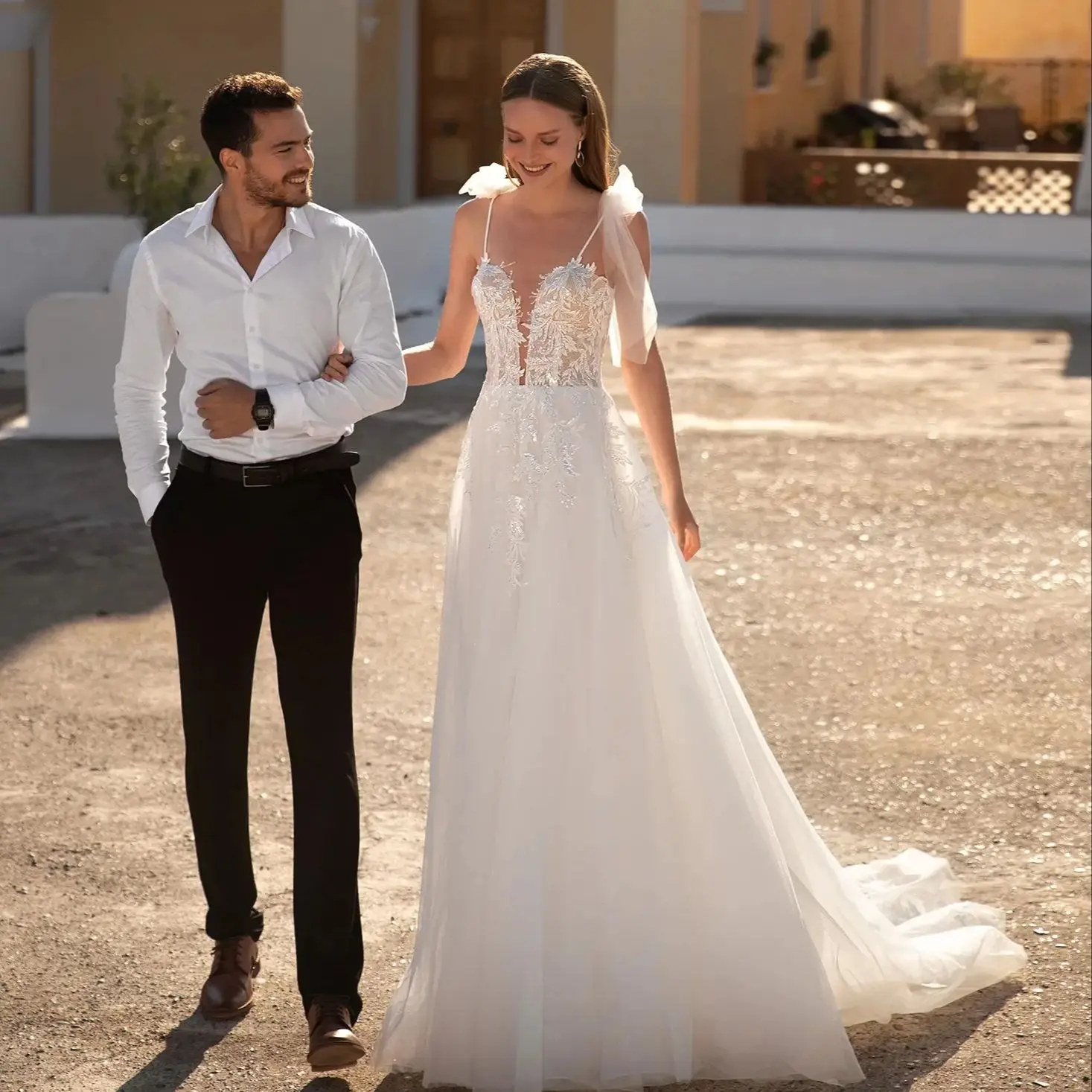 여성을위한 로맨틱 라인 신부 가운 맞춤형 연인 공식 웨딩 드레스 우아한 레이스 아플리케 Vestidos De Mariee